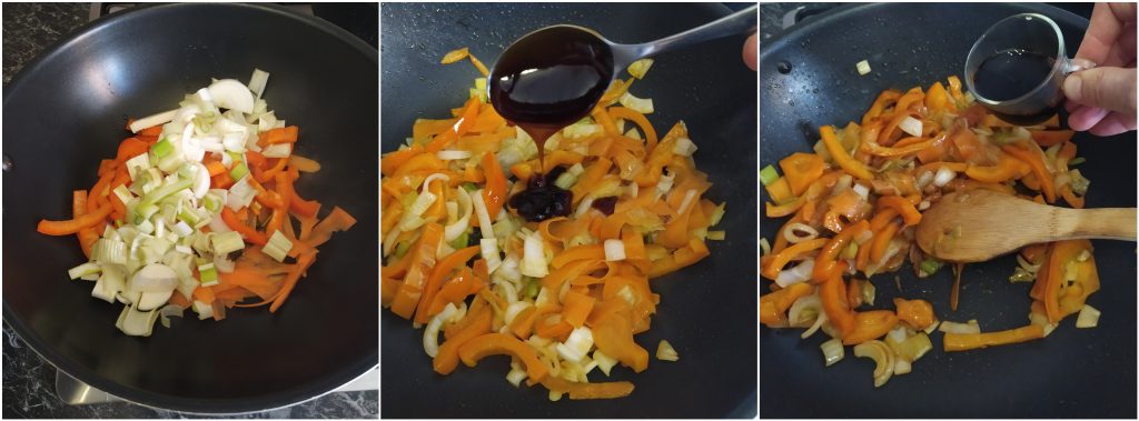 Saltare le verdure ed aggiungere un cucchiaio di salsa di ostriche e 40g di salsa di soia