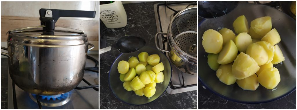 Cuocere le patate in pentola a pressione e trasferirle in una scodella