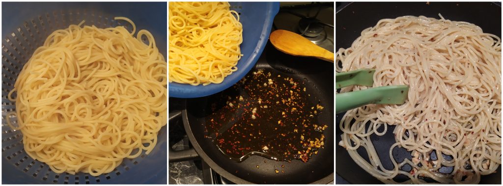 Scolare la pasta e saltarla in olio con aglio e peperoncino