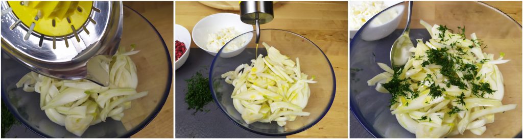 Condire l'insalata di finocchi con olio EVO, sale, aneto e succo di limone