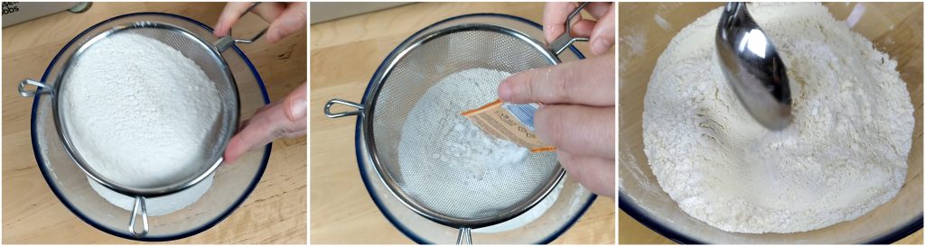 Setacciare farina e lievito per dolci in una scodella capiente