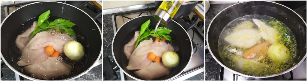 Aggiungere acqua, olio EVO e preparare il brodo di pollo e verdure