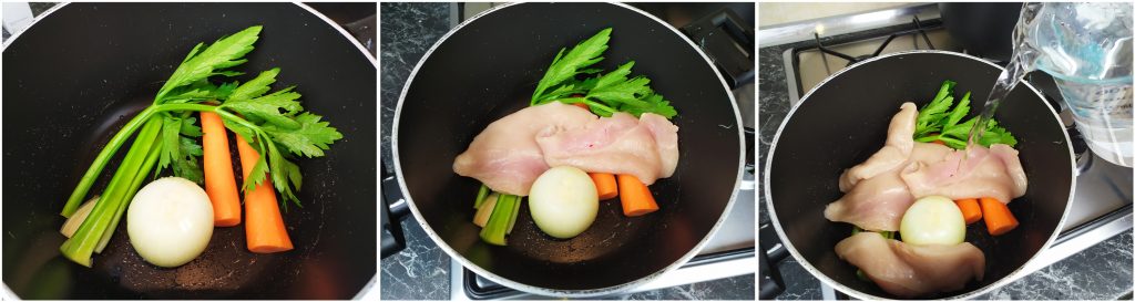 Mettere in una pentola le verdure e il pollo e aggiungere acqua
