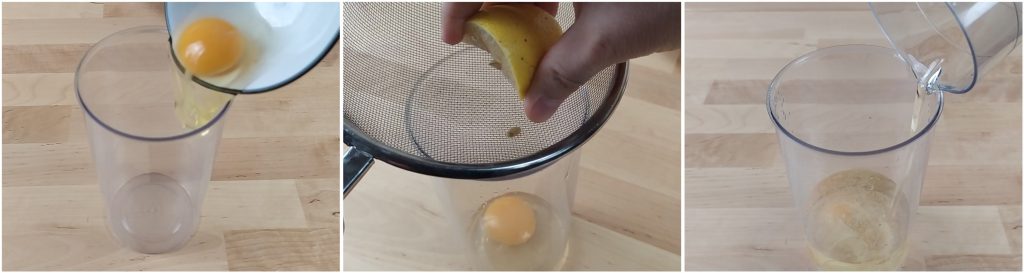 Versare gli ingredienti della maionese nel bicchiere del minipimer