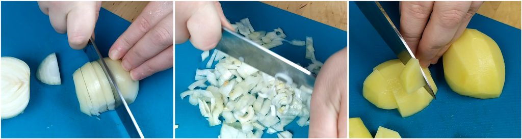 Tritare cipolla e tagliare le patate e tocchetti