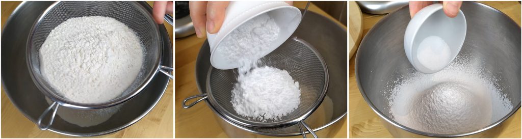 Setacciare farina, zucchero a velo e unire vanillina e sale