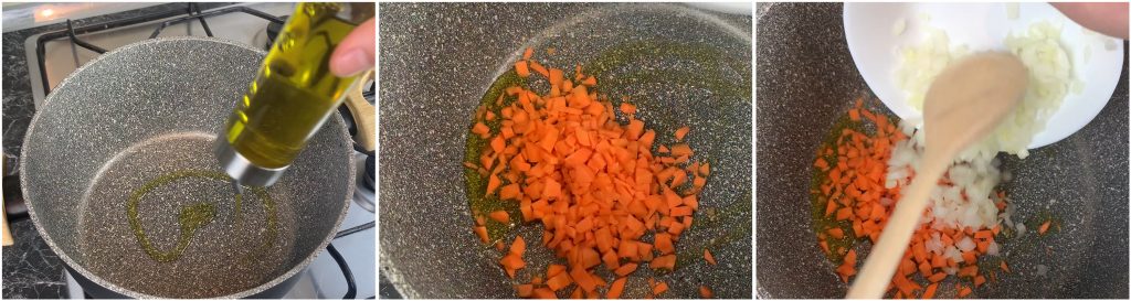 Rosolare la carota e la cipolla tritate.