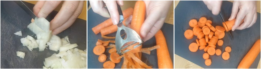 Sminuzzare una cipolla e tagliare 400g di carote a rondelle