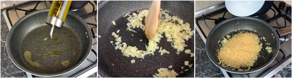 Soffriggere la cipolla tritata e tostare il riso