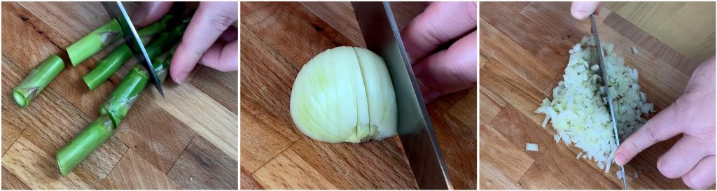 Tagliare gli asparagi e tritare la cipolla