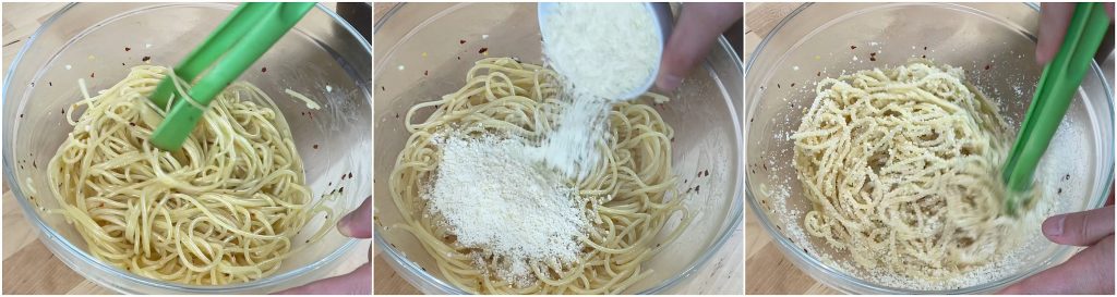 Aggiungere il pecorino agli spaghetti