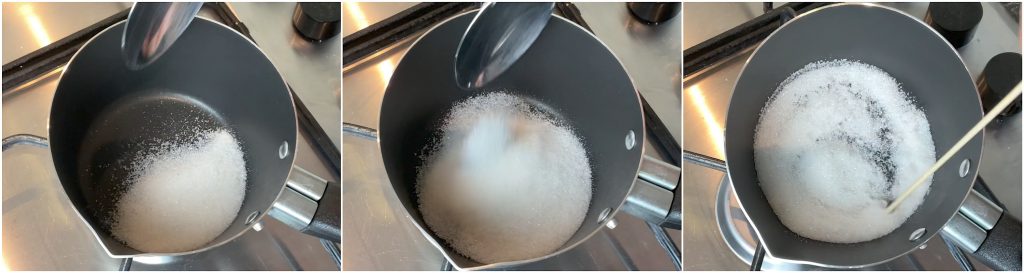 Versare 3 cucchiai di zucchero in un pentolino
